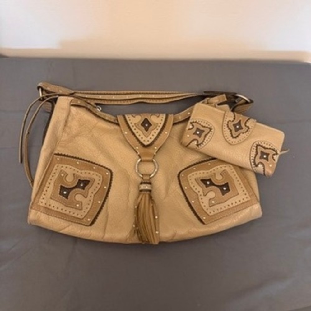 American West Tan Pebbled Leather Western Shoulder Bag and Matching Wallet Set